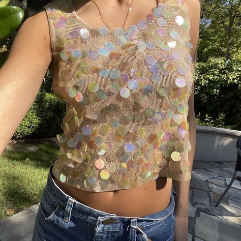 Gold sparkly sequin tank top Large circular sequins... - Depop Chunky Sequin Top, Vintage Sequin Top Outfit, Crochet Sequin Top, Sequin Tank Outfit, Sequin Tank Top Outfit, Sparkly Top Outfit, Sea Core, Sequins Top Outfit, Sequin Crochet