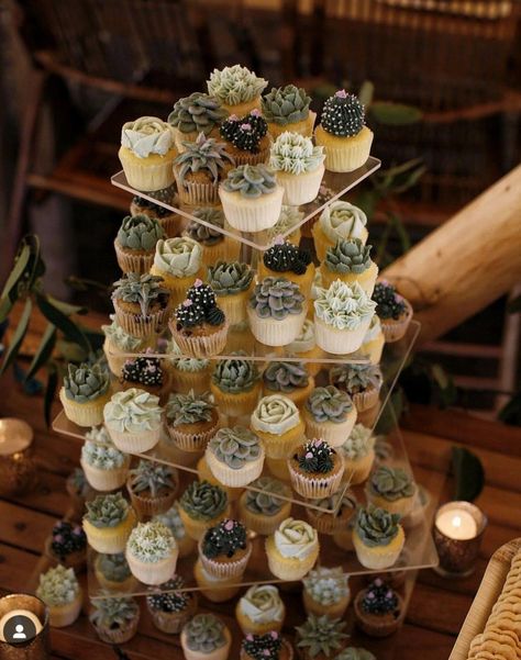 Black And Succulent Wedding, Succulent Wedding Cupcakes, Wedding Table Decorations Succulents, Plant Themed Wedding Cake, Earthy Wedding Cake Ideas, Succulent Dessert Table, Forest Green Wedding Cupcakes, Wedding Cupcakes Greenery, Wedding Cupcake Display Diy