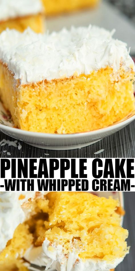 PINEAPPLE CAKE RECIPE- The best old fashioned, Southern quick and easy crushed pineapple cake. Starts off with yellow cake mix box (doctored cake mix recipe), homemade with simple ingredients. Topped off with fluffy whipped cream, coconut. Soft, moist, fresh and tropical! A delicious birthday cake. Different than upside down cake. From CakeWhiz.com #cake #dessert #pineapples #baking Crushed Pineapple Cake, Cake Mix Recipes Homemade, Doctored Cake Mix Recipes, Easy Pineapple Cake, Cake Mix Recipe, Pineapple Cake Recipe, Boxed Cake Mixes Recipes, Cheesecake Oreo, Pineapple Recipes