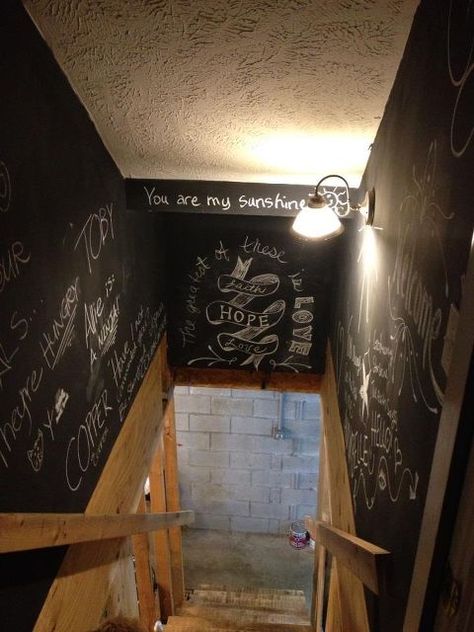 chalkboard paint in the stairwell, chalk paint, chalkboard paint, paint colors, painting, wall decor Basement Stairwell Ideas, Basement Stairwell, Stairway Walls, Stairwell Ideas, Rustic Fence, Inspiring Places, Funky Junk Interiors, Diy Chalkboard, Wood Stairs