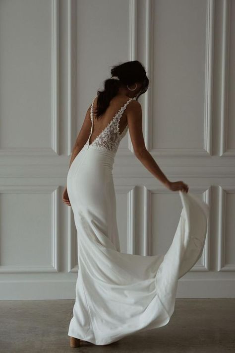 Crepe Bridal Dress, Simple Destination Wedding Dress, Crepe Wedding Dress With Lace, Wedding Dress Crepe, Wedding Dress Low Back, Crepe Skirt, Boho Wedding Dress Lace, Back Wedding Dress, Dream Wedding Ideas Dresses