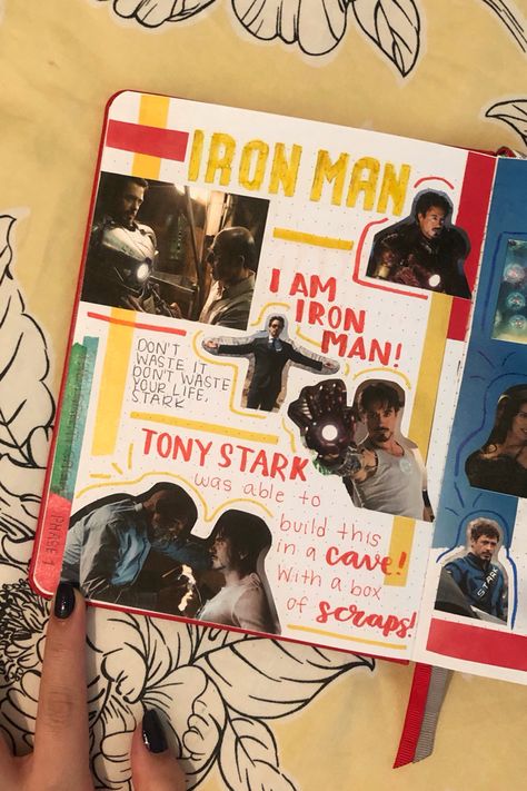 iron man (2008) page in my mcu journal Avengers Journal Ideas, Marvel Journal Page, Marvel Scrapbook Ideas, Marvel Journal Ideas, Avengers Journal, Marvel Scrapbook, Marvel Journal, Iron Man Theme, Marvel Diy