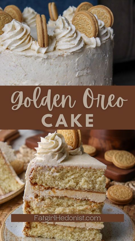 White Reeses Cake, Golden Cake Recipe, Golden Oreo Cupcakes, Golden Oreo Birthday Cake, 3 Layer Cake Recipes, Golden Oreos Desserts, Dessert With Golden Oreos, Oreo Cake Decorating Ideas, Golden Oreo Desserts