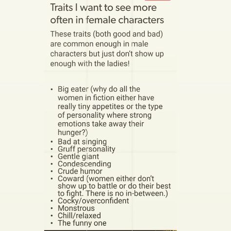 Traits I Want To See More In Female Characters, Weaknesses To Give Characters, Character Concepts Writing, Unique Personality Traits For Characters, How To Write A Female Character, How To Write A Strong Female Character, How To Write Characters Flirting, Character Design Traits, How To Make Two Characters Meet