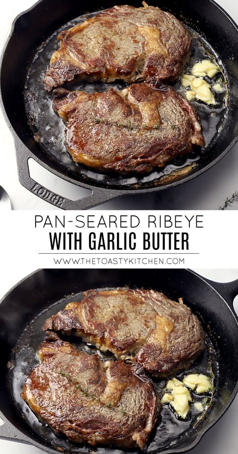 Pan-Seared Ribeye with Garlic Butter by The Toasty Kitchen #ribeye #panseared #steak #garlicbutter #dinner #romantic #dinnerfortwo #homemade #stovetop #castiron #valentinesday #anniversarydinner #recipe #beef Rib Eye Steak Recipes Pan, Stovetop Steak Recipes, Seared Ribeye Steak, Steak Recipes Pan, Romantic Night At Home, Beef Rib Steak, Steak With Garlic Butter, Stove Top Steak, Steak Recipes Pan Seared