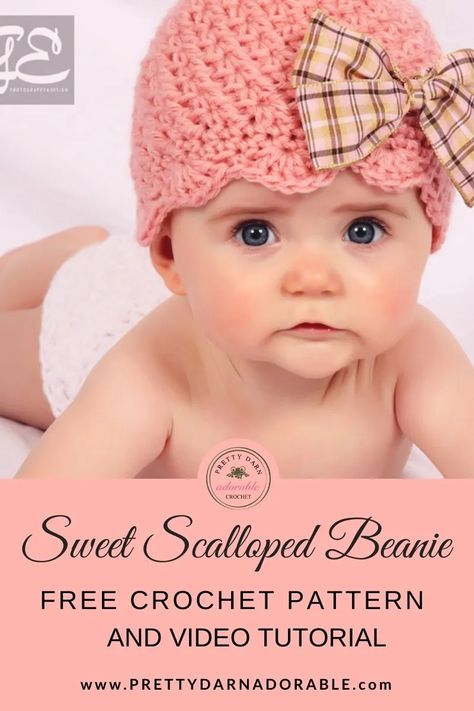 Crochet Baby Hat 4 Sizes Included - Sweet Scalloped Beanie Crochet Baby Hats Free, Crochet Baby Hats Girl, Crochet Baby Hats Free Pattern, Baby Hat Free Pattern, Girls Crochet Hats, Beanie Hat Pattern, Crochet Baby Gifts, Crochet Baby Hat Patterns, Crochet For Babies