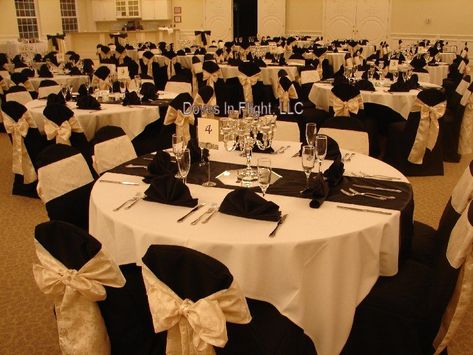 black and champagne wedding  | White Poly with Pink Sparkling Organza, Beaumont Room, E Lansing ... Black Chair Covers, Champagne Chairs, White Chair Covers, Chair Covers Wedding, Black Chair, Champagne Wedding, Wedding Table Settings, Wedding Chairs, Event Center