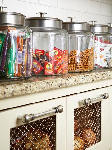 Oooo . . . wire-front drawers.  I like it!  (Those pulls are pretty fab, too.)  The potatoes and onions should be futher apart, though, as they hasten each others' ripening & spoilage. #kitchen Farm Kitchen Ideas, Snack Drawer, Drawer Ideas, Snack Station, Office Snacks, Snack Organizer, Fun Organization, Snack Bars, Snack Storage