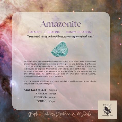 Amazonite Crystal, a vibrant turquoise gemstone, is valued for its calming properties that help balance emotions and promote inner peace. Learn more at Triple Goddess Apothecary & Reiki #triplegoddessapothecaryandreiki #crystals  #witchcraft #pagan Crystals Witchcraft, Amazonite Crystal, Triple Goddess, Wound Healing, Crystal Grid, Emotional Wellness, Healing Properties, Turquoise Gemstone, Nervous System