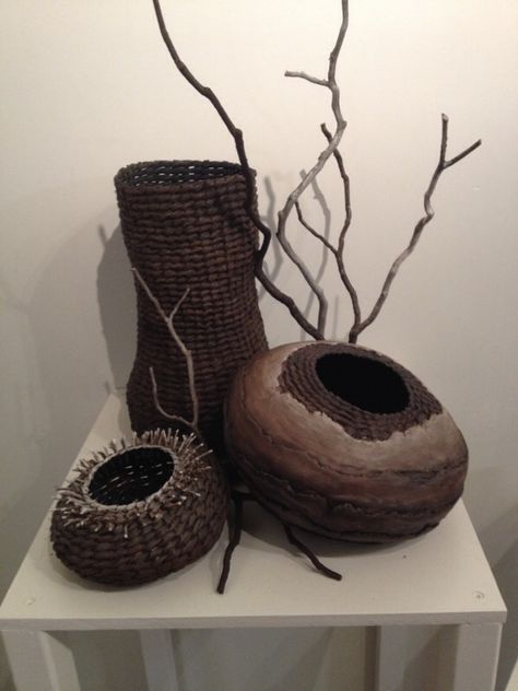 www.matttommey.com  Sculptural baskets nested in laurel branches by Matt Tommey, contemporary basketry artist in Asheville North Carolina. Pine Cone Tree, Fiber Sculpture, Fibres Textiles, Ceramic Pots, Weaving Art, Wooden Bowls, Wet Felting, Wire Art, Decorative Wicker Basket