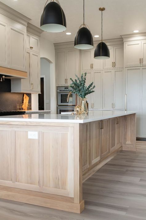 White Oak Center Island, Island With Double Cabinets, Sink On Side Of Island, Kitchen Island With Cabinets All Around, Oak Island With White Cabinets, Beautiful Kitchen Island Ideas, Oak Kitchen Islands, White Cabinets Light Wood Island, Kitchen Wood Island Ideas