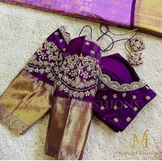 Murtham Blouse Design, Pattu Blouse Simple Work Designs, Magam Work On Pattu Blouse, Latest Maggam Work Designs 2024, Purple Bridal Blouse Designs, Wedding Maggam Work Blouse Designs, Purple Maggam Work Blouse Designs, Back Neck Designs For Blouses For Wedding, Purple Embroidery Design