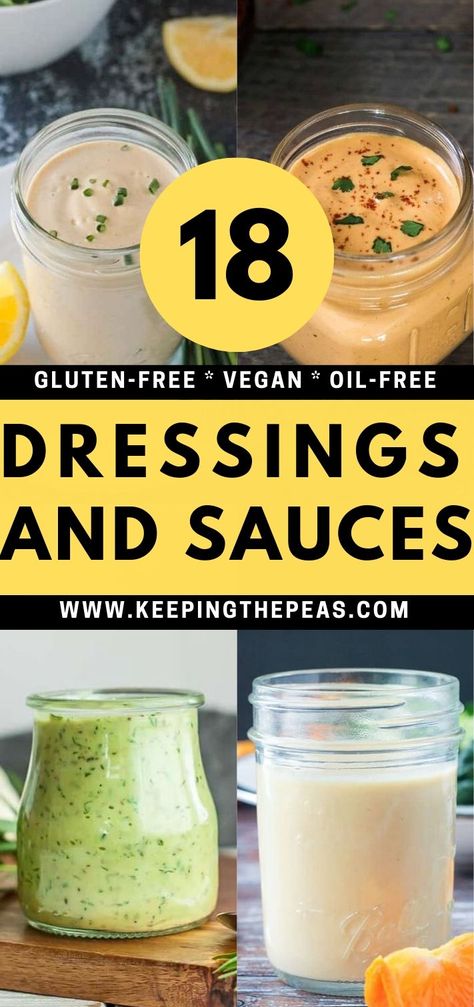 A collection of the top 18 gluten free salad dressing and sauce recipes that are also vegan and oil-free! Best Vegan Salads, Plant Based Dressing, Gluten Free Salad Dressing, Gluten Free Salad, Vegan Salad Dressing Recipes, Oil Free Salad Dressing, Oil Free Vegan Recipes, Vegan Salad Dressing, Vegan Dressing