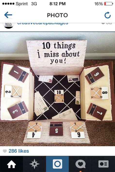 10 things I miss about you care package, maybe can do a fishing theme. Birthday Ideas For Wife, Deployment Care Package Ideas, Deployment Packages, Diy Care Package, Missionary Care Packages, Halloween Care Packages, Deployment Care Packages, Military Care Package, Gifts Box