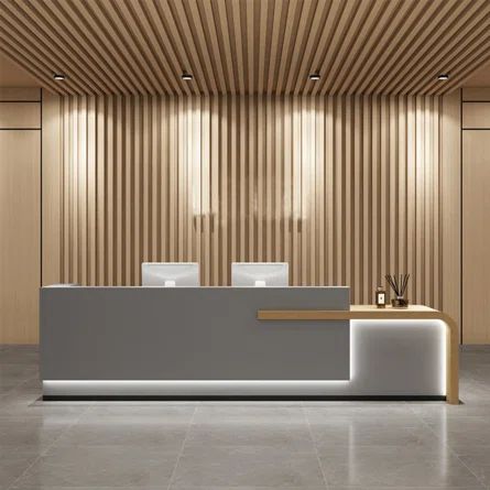 Brayden Studio® Chendra Laminate Reception Desk - Wayfair Canada Lobby Reception Design, Chiropractic Office Ideas, Reception Interior Design, Modern Reception Desk Design, Laminate Reception Desk, Office Counter Design, Azerbaijan Airlines, Medical Office Interior, Reception Interior