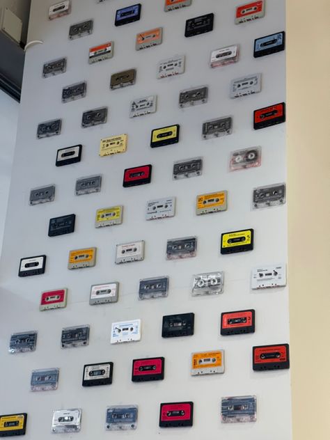 Cassette Tape Display, Cassette Tape Wall, Cassette Wall, Presidential Suite, Tape Wall, Corner Seating, String Wall Art, Music Room Decor, Room Aesthetics