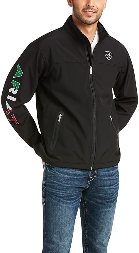 Ariat Men's New Team Softshell Mexico Water Resistant Jacket Ariat Mens Outfits, Mexico Jacket, Ariat Jacket, Puffer Jacket Men, Motorcycle Jacket Mens, Aviators Women, Water Resistant Jacket, Puffer Jacket Women, Real Leather Jacket