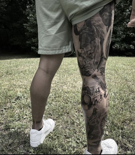 Lion Leg Sleeve Tattoo, Safari Leg Sleeve, Jungle Leg Tattoo, Jungle Tattoo Leg Sleeve, Safari Themed Tattoo Sleeve, Safari Leg Sleeve Tattoo, Safari Leg Tattoo, Jungle Theme Leg Sleeve, Safari Tattoo Design