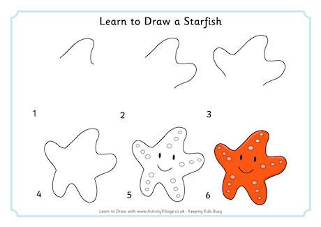 Learn to Draw a Starfish Starfish Drawing, Ako Kresliť, Sea Creatures Drawing, Animal Printables, Directed Drawing, Easy Drawings For Kids, Basic Drawing, Art Drawings For Kids, Drawing Lessons