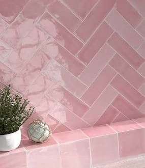 Pink Chevron Tiles Bathroom, Soft Pink Tiles Bathroom, Pale Pink Tiles, Pink And White Bathroom Tiles, Pink Kids Bathroom, All Pink Bathroom, Pink Tiles Kitchen, Small Pink Bathroom Ideas, Pink Shower Tile