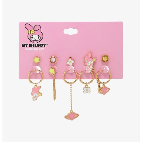 Add Some Pastel Cuteness With My Melody! This Mismatched Earring Set Includes Studs And Mini Hoops With Stars, Daisies And My Melody. Alloy Set Of 10 Hello Kitty Stud Earrings, Pink My Melody, Sanrio Jewelry, Gold Rhinestone Earrings, Hello Kitty Earrings, Sanrio Pink, Hello Kitty Accessories, Mini Hoop Earrings, Pink Girly Things