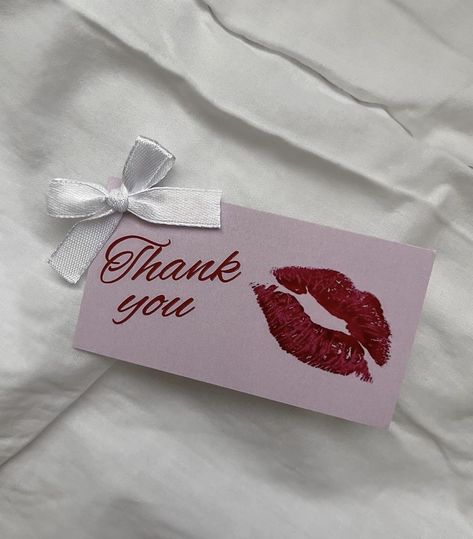 Depop Packaging Ideas Aesthetic, Thank You Note Aesthetic, Coquette Thank You Card, Girly Red Aesthetic, Coquette Business Card, Lana Del Rey Party Aesthetic, Thank You Next Aesthetic, Thank You Cards Aesthetic, Red And Pink Coquette