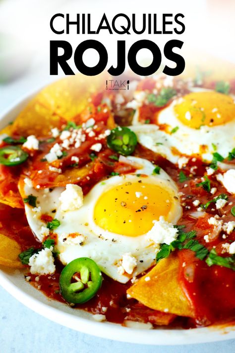 A white plate filled with Chilaquiles Rojos with fried eggs on top. Chilaquiles Rojos Recipe, American Comfort Food Recipes, Brunch Sides, Comfort Food Desserts, Mexican Side Dishes, Brunch Casserole, Mexican Cooking, Tex Mex Recipes, Fried Eggs