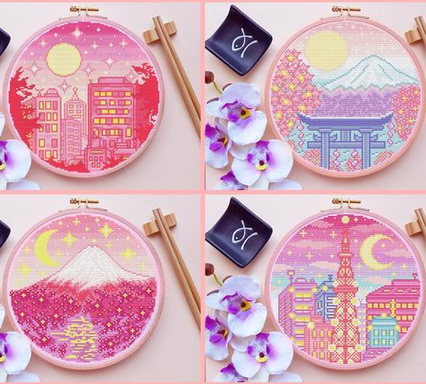 4 Examples, of my Japan themed Round Cross Stitch Pattern Designs. 😊 #crossstitch #crossstitchpattern #craft #kreuzstich #sticken #japan #japanese #tokyo #torii #pixel #pixelart #art #pastel #mtfuji #photo #photooftheday #pretty #love Round Cross Stitch, Japanese Tokyo, Random Crafts, Art Pastel, Pixel Pattern, Crochet Cross, Embroidery Ideas, Cross Stitch Art, Crochet Blanket Patterns