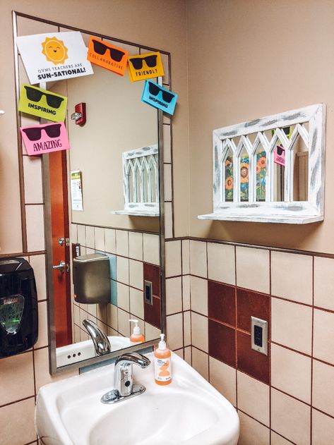 Adding Cheer to Staff Bathrooms: Teacher Appreciation Week Idea Teachers Bathroom Ideas, School Staff Bathroom Ideas, Staff Restroom Ideas, Work Office Bathroom Ideas, Staff Bathroom Makeover, Staff Bathroom Decor, Teacher Bathroom Makeover, Staff Bathroom Ideas Teacher Lounge, Teacher Bathroom Ideas