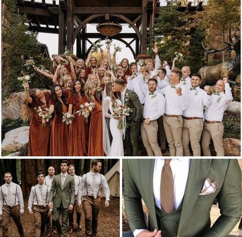 Groomsmen Attire Fall Wedding Color Combos, September Wedding Mens Attire, Sage And Cinnamon Wedding, Cinnamon And Sage Wedding Colors, Terra Cotta Bridesmaid Dresses With Groomsmen, Safe And Burnt Orange Wedding, Earth Tone Wedding Groom, Fall Wedding Colors Men, Fall Wedding Colors For Men