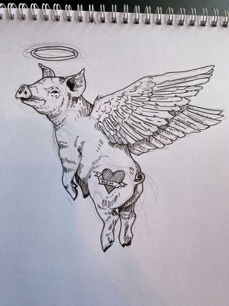 Flying Pig Drawing, Flying Pig Tattoo, Flying Pigs Art, Pig Sketch, Fly Drawing, Pig Tattoo, When Pigs Fly, Pig Drawing, Pigs Fly