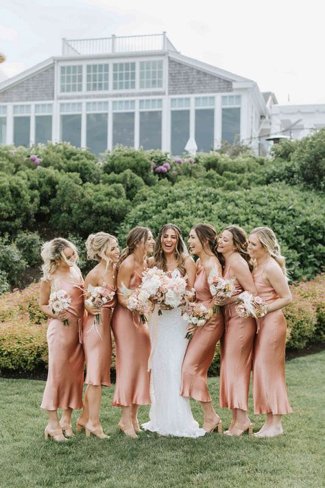 Centerpiece With Pampas, Sunset Bridesmaids, Peach Color Bridesmaid Dresses, Satin Bridesmaids Dresses, Satin Bridesmaids, Coastal Weddings, Peach Dresses, Waterfront Wedding Ceremony, Peach Bridesmaid