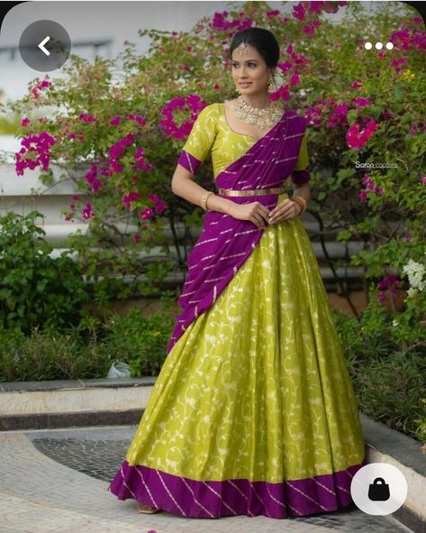 Purple Long Dress Indian, Green And Purple Half Saree, Light Green Combination Dresses, Light Green Lehenga Color Combos, Lehanga Colours, Half Saree Colour Combinations, Half Saree Color Combinations, Half Saree Designs Color Combinations, Half Saree Lehenga Color Combinations