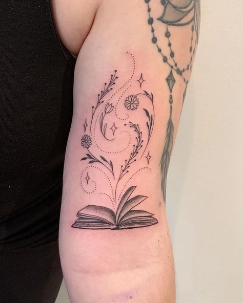 Tattoo uploaded by Brigid Burke Tattoo • Tattoodo Brigid Tattoo, Open Book Tattoo, Bookish Tattoos, Tattoos For Lovers, Bff Tattoos, Flowers Tattoo, Calf Tattoo, Tattoo Illustration, Discreet Tattoos