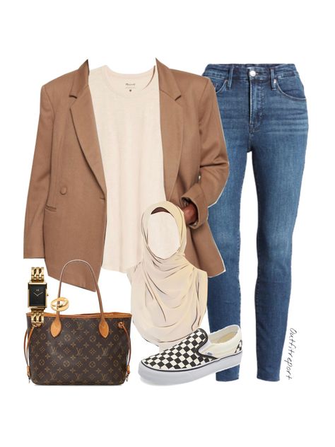 Check Brown Blazer Outfit, Vans Slip On Outfit Hijab, Brown Check Blazer Outfit Women, Brown Blazer Hijab Outfit, Brown Checkered Jacket Outfit, Vans Outfit Hijab, Vans Checkerboard Outfit Hijab, Vans Checkerboard Outfit Women, Outfit With Hijab