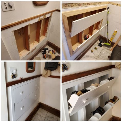 Shoe Storage Organization, Shoe Rack Cabinet Design, Wall Shoe Storage, Split Entry Remodel, Shoe Rack Cabinet, Organization Shelves, Space Saving Shoe Rack, Stairs Renovation, Shelves Decor