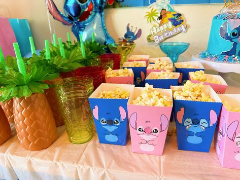 Stitch Treat Table, Stitch Sleepover Party, Stitch Party Food, Stitch Sleepover, Stitch And Angel Birthday Party, Lilo And Stitch Party, Stitch Bday, Party Decor Diy, Lilo And Stitch Characters