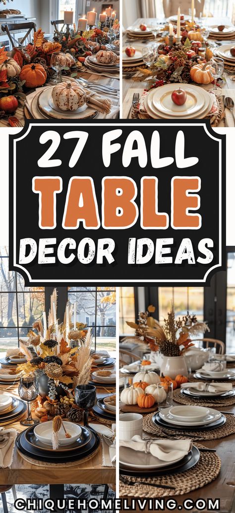 ooking to create a memorable and elegant Thanksgiving table? These 27 stunning tablescape ideas will inspire you to design a festive and inviting setting for your holiday feast. From rustic farmhouse styles with natural elements like pumpkins, pinecones, and burlap to modern chic setups featuring metallic accents, candles, and floral arrangements, these ideas cater to every taste. Modern Western Table Decor, Dinner Table Thanksgiving Decor, Table Decorations With Pumpkins, How To Set Up A Thanksgiving Table, Table Top Setting Ideas, Thanksgiving Wedding Table Decor, Table Setting For Fall, Fall Dinner Decor Ideas, How To Decorate For Thanksgiving Dinner