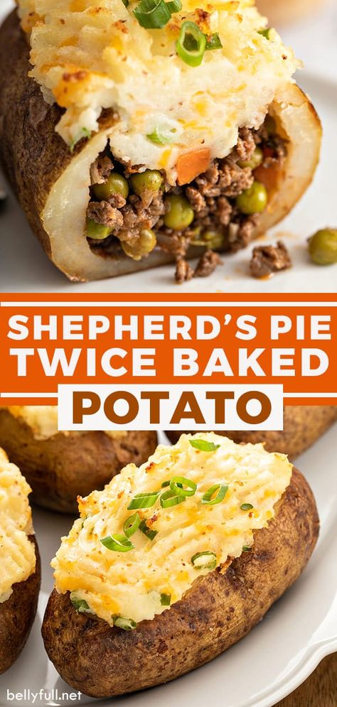 If you love shepherd's pie and twice baked potatoes, you will love this Shepherd's Pie Twice Baked Potatoes mash-up! A delicious combination of two comfort foods in one. Serve as a whole meal or a side dish. Shepherds Pie Recipe Baked Potato, Shepherd's Pie Baked Potatoes, Stuffed Baked Potatoes With Ground Beef, Baked Potato Shepherd's Pie, Shepherds Pie Baked Potato Recipe, Potato Toppers, Potato On The Grill, Sides Potatoes, Baked Potato Dinner