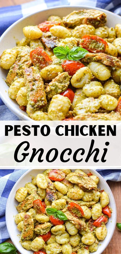 Creamy Pesto Baked Gnocchi & Chicken Skillet, Pesto Gnocchi Chicken, Chicken Pesto Gnocchi, Gnocchi Pesto Recipes, Gnocchi Recipes Dairy Free, Chicken Pesto Gnocchi Recipe, Pesto Gnocchi Recipes, Pesto Chicken Gnocchi, Weekly Healthy Meal Plan