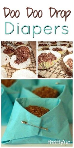 This is a guide about making doo doo drop diapers. These funky, chocolatey oatmeal treats are perfect for a baby shower when tucked into napkin diapers. Oatmeal Treats, Baby Shower Desserts Boy, Baby Shower Food For Girl, Baby Shower Games Coed, Baby Shower Snacks, Baby Shower Treats, Shower Desserts, Baby Shower Crafts, Baby Shower Desserts