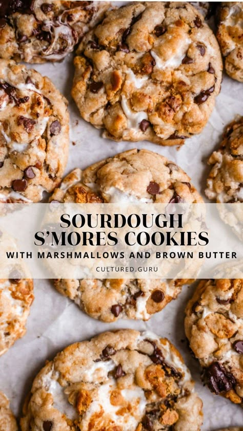 S'mores are a beloved campfire treat, but have you ever considered combining these gooey, chocolatey delights with cookies? Sourdough S'mores Cookies with Marshmallows and Brown Butter offer a delightful twist on the classic campfire snack. #sourdough #smores #cookies #marshmallows Cookies Sourdough, Cookies With Marshmallows, Recipe Using Sourdough Starter, S Mores Cookies, Sourdough Starter Discard Recipe, Gluten Free Sourdough, Homemade Sourdough Bread, Bread Starter, Smores Cookies