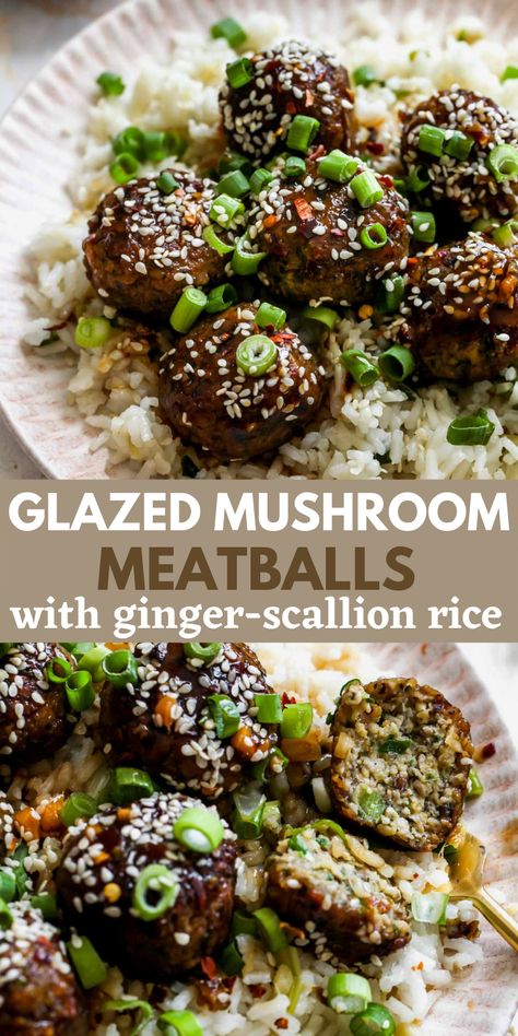 Scallion Rice, Sautéed Broccoli, Mushroom Meatballs, Vegetarian Asian, Veggie Meatballs, Vegetarian Meatballs, Meatballs And Rice, Sweet Sauce, Vegetarian Dinner