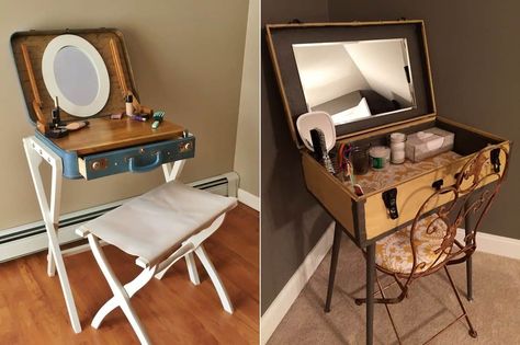 Corner Vanity Bedroom, Diy Vanity Ideas, Diy Vanity Table, Small Vanity Table, Ikea Lack Shelves, Suitcase Decor, Recycled Door, Vanity Tables, Vanity Bedroom