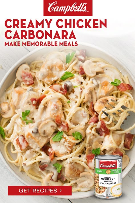 Creamy Chicken Carbonara, Chicken Carbonara Recipe, Campbells Recipes, Campbells Soup Recipes, Chicken Carbonara, Carbonara Recipe, Cozy Dinner, Campbell Soup, Supper Recipes