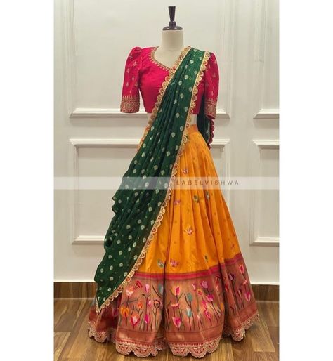 Half Saree Lehenga Green, Half Saree Duppata Styles, Half Sarees Lehenga, Orange Half Saree Color Combos, Bandini Lehenga Designs, Pithani Pattu Lehangas, Langavoni Half Saree, Paithani Half Saree Designs, Fancy Half Sarees