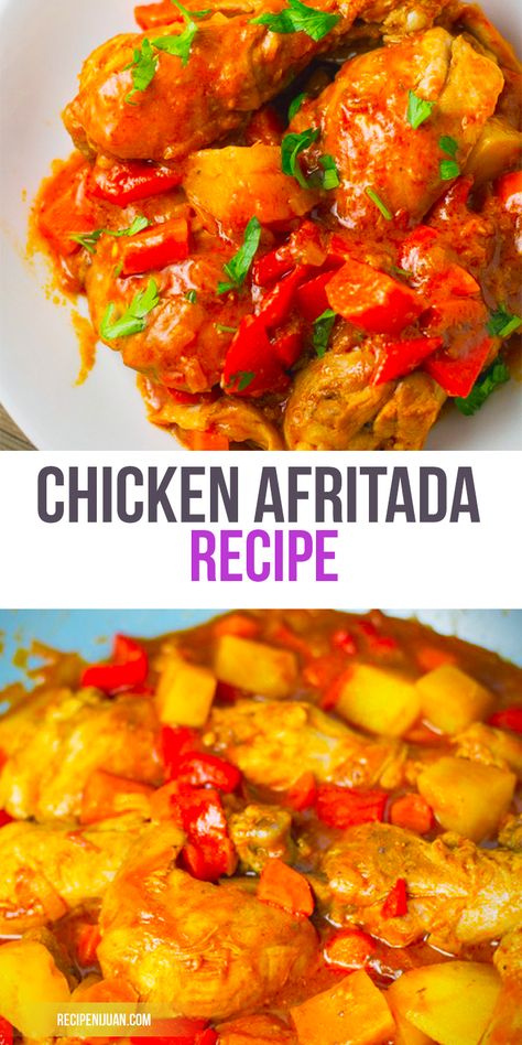 Though commonly seen in the usual everyday Filipino meals, Chicken Afritada can also be cooked to serve more people in celebrations and parties. Made with tomato sauce, peas, hotdog, carrots, potatoes and bell peppers, it is always one of the tastier viands in celebrations that people actually line up to it. Chicken Mechado Filipino, Chicken Mechado, Mechado Recipe, Chicken Afritada Recipe, Filipino Ulam, Giniling Recipe, Filipino Meals, Pilipino Recipe, Caldereta Recipe