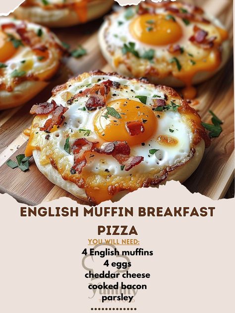 🍕🍳 English Muffin Breakfast Pizza – a morning masterpiece! #BreakfastPizza #EnglishMuffin English Muffin Breakfast Pizza Recipe 🌟 Ingredients: 4 English muffins, split 4 eggs 100g cheddar cheese, shredded 100g cooked bacon, crumbled 5g parsley, chopped Salt and pepper to taste Instructions: Toast muffins: Toast English muffins until golden. Prepare toppings: Cook eggs sunny-side up. Place on toasted muffins. Assemble pizzas: Sprinkle cheese and bacon on top. Season with salt, pepper, and ... English Muffin Breakfast Pizza, English Muffin Breakfast Sandwich, English Muffin Breakfast, Mushroom Breakfast, Muffin Breakfast, English Muffin Recipes, Breakfast Pizza Recipe, Cook Eggs, Healthy Eggs