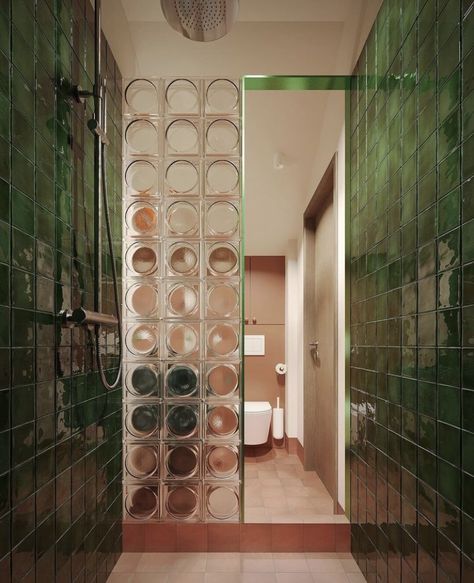 Selfcare Day, Brick Bathroom, Colorful Bathroom, Glass Walls, Green Tile, Green Rooms, Bathroom Renos, Glass Blocks, Dream House Decor