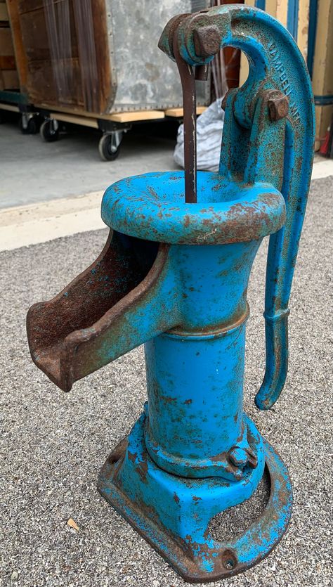 Antique cast iron hand well pump in original blue paint Campbell manufacturing 16.5H10D7.5 W base F16 Hand Pump Well, Old Water Pumps, Antique Hand Tools, Vintage Glassware Antiques, Miniature Ideas, Iron Hand, Well Pump, Old Tools, Vintage Memory